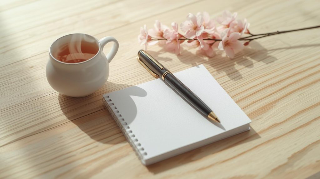 Notizbuch und dampfende Tasse Tee neben Kirschblüten – Symbol für eine entspannte Terminvereinbarung und persönliche Beratung bei Sakura-Balance.