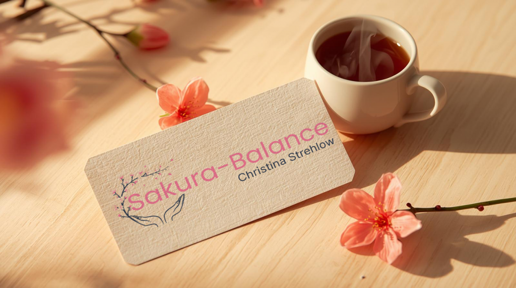 Visitenkarte von Sakura-Balance Christina Strehlow, arrangiert mit Kirschblüten und Tee – Ihr Kontakt für Entspannung in Germering.